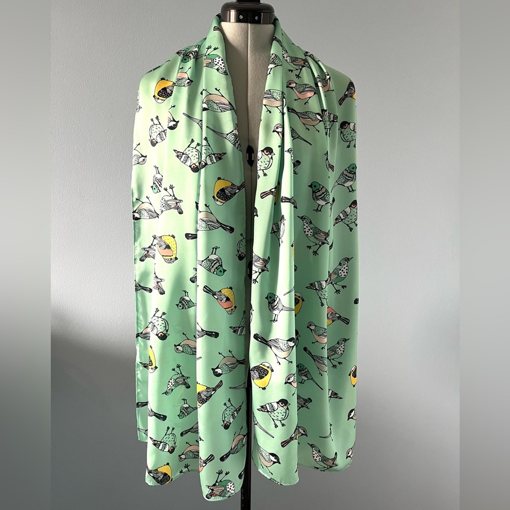 Bird Print Mint Green Scarf Long Soft Lightweight Wrap Shawl 20x68